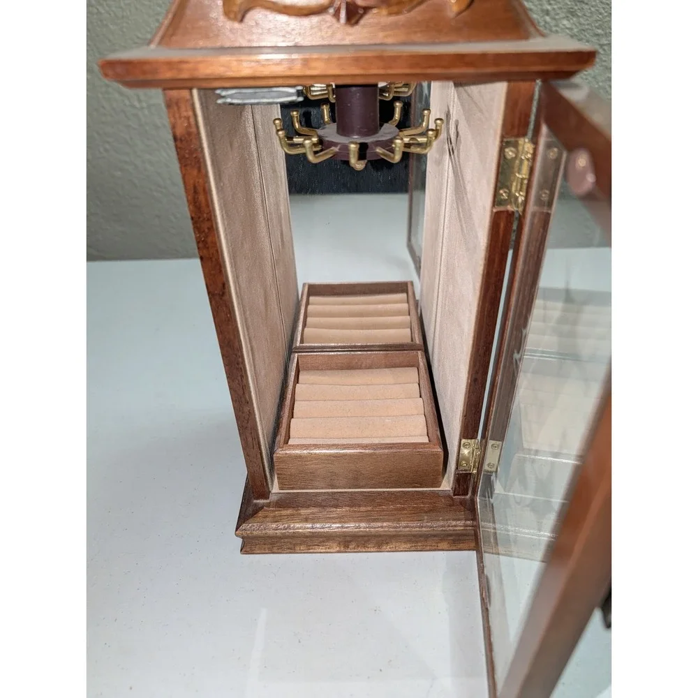 Vintage‎ Wooden Jewelry Cabinet Necklace Ring Etched Glass & Mirror